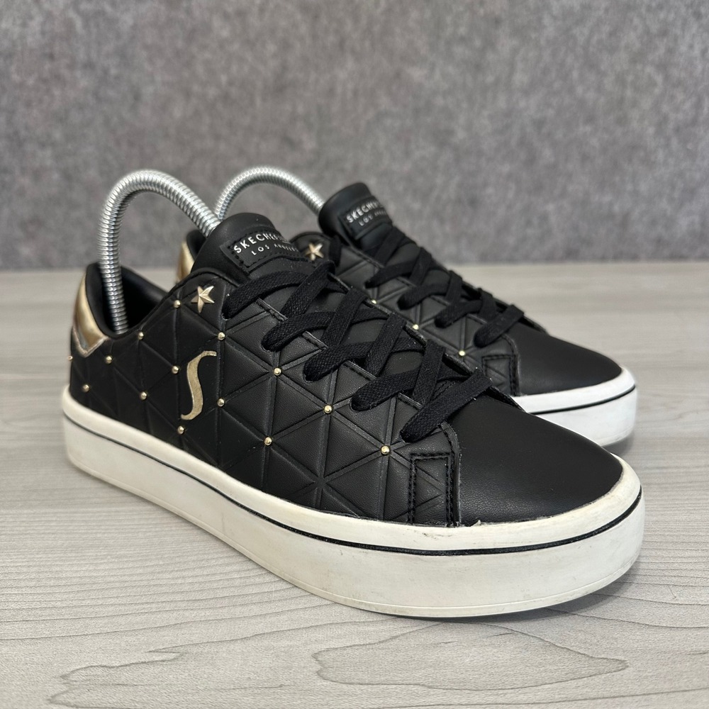 Skechers Street Hi-Lites Bermuda Womens 7 Black Gold Studded Quilted Sneakers